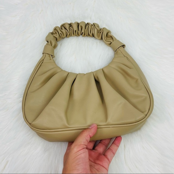 New Minimalist Ruched Bag Tan Khaki Faux Leather Mini Handle bag Purse - Picture 4 of 7
